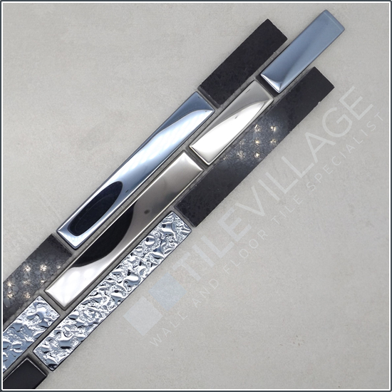 Quartz Black Mosaic Interlocking Glass, Quartz & Chrome Mosaic Border