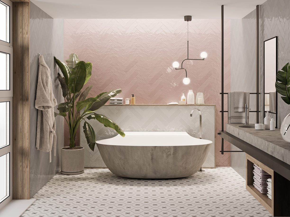 modern bathroom with fashion rosa and neutro ceramic tiles in a herringbone effect with zodiac gemini on the floor.