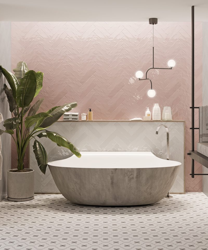modern bathroom with fashion rosa and neutro ceramic tiles in a herringbone effect with zodiac gemini on the floor.