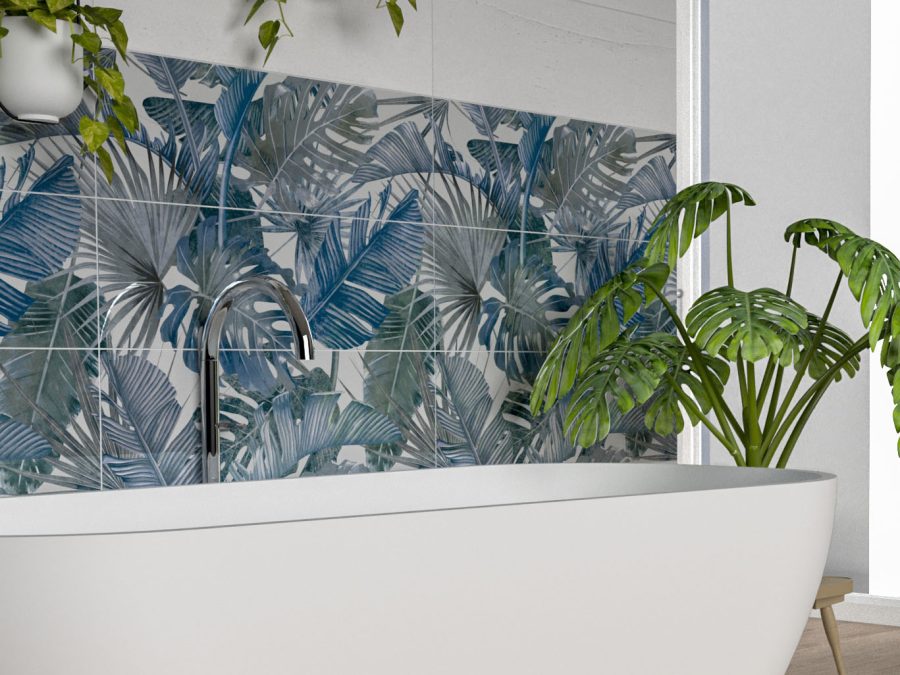 Botanical Jungle Tropical Blue Forest Feature Ceramic Wall Tiles