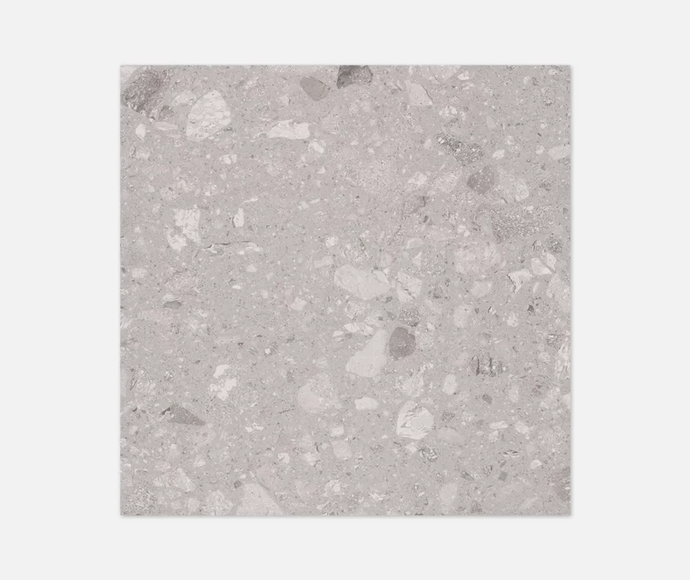 terrazzo grey polished gloss porcelain tiles in 60x60cm with a rectified edge.