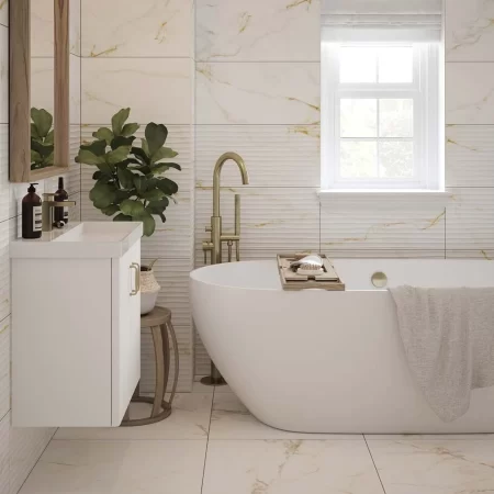 image of goldman decor matt 300x600mm ceramic wall tile in a bathroom.