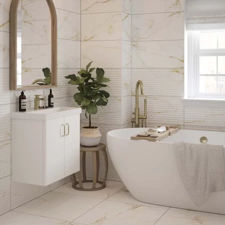 image of goldman decor matt 300x600mm ceramic wall tile in a bathroom.