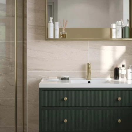 laurent beige matt 30x60cm ceramic wall tile in a bathroom the code for the tile is P12881