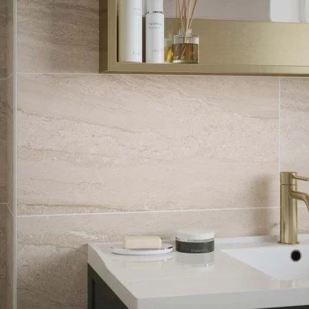 laurent beige matt 30x60cm ceramic wall tile in a bathroom the code for the tile is P12881