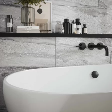 laurent grey gloss ceramic wall tile in a bathroom
