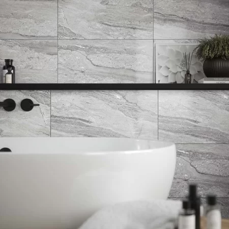 laurent grey gloss ceramic wall tile in a bathroom