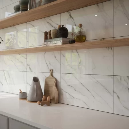 waldorf gloss ceramic wall tile in 300x600 tiled on a kitchen splashback