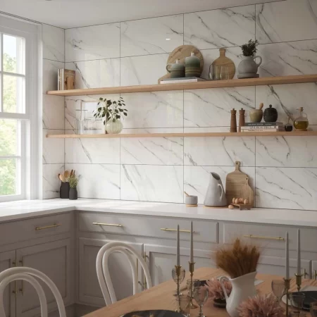 waldorf gloss ceramic wall tile in 300x600 tiled on a kitchen splashback