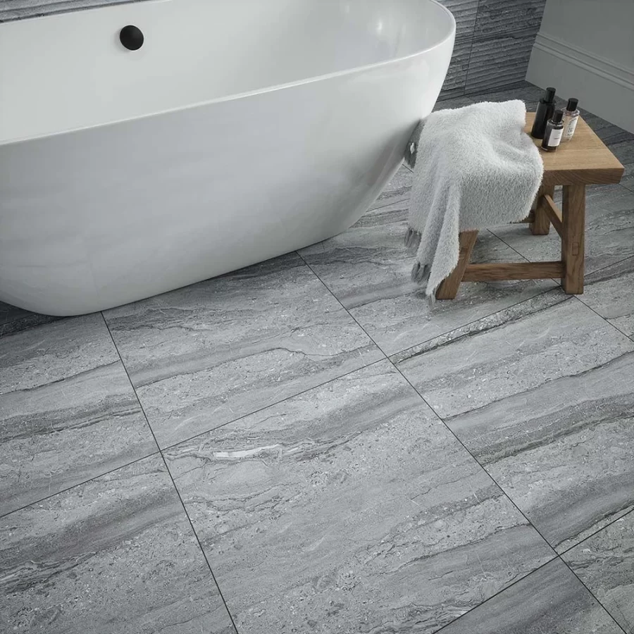 image of laurent grey matt 600x600mm wall and floor tiles on a bathroom floor.