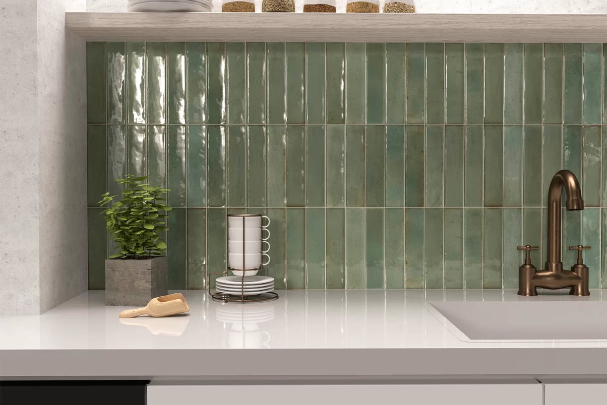 an image of artisan green rustic subway tiles on a kitchen splashback.