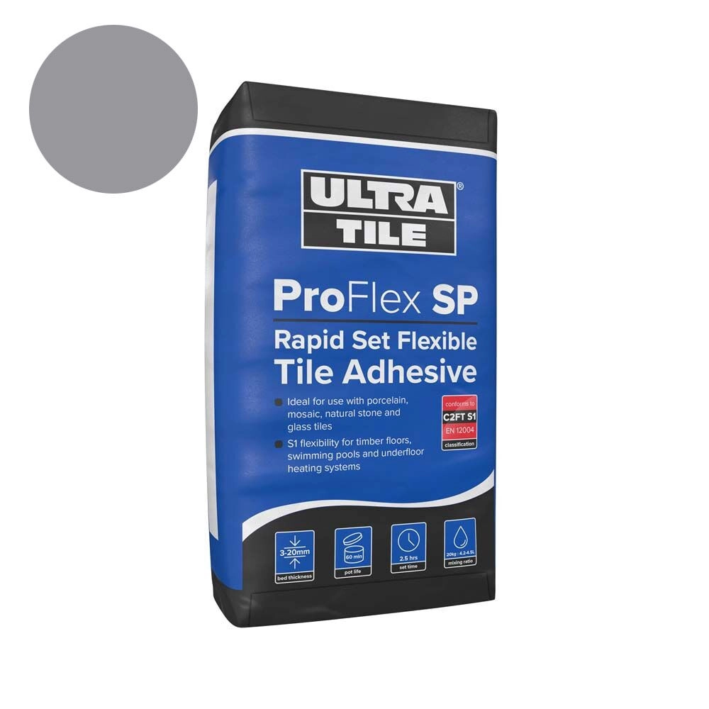 Instarmac ultra pro flex sp wall and floor tile adhesive in grey 20kg bag.