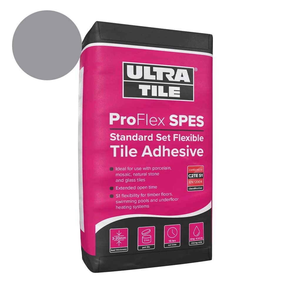 Instarmac ultra pro flex spes standard set wall and floor tile adhesive in grey 20kg bag.