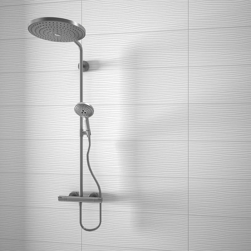 essenziale onde bianco 250x750mm tiles in a shower.