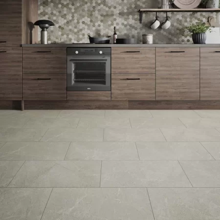 an image of charmonix marble beige lvt click flooring in a kitchen.