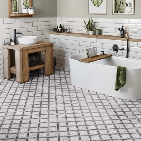 mondrian grey 335x335 pattern tile on a bathroom floor.