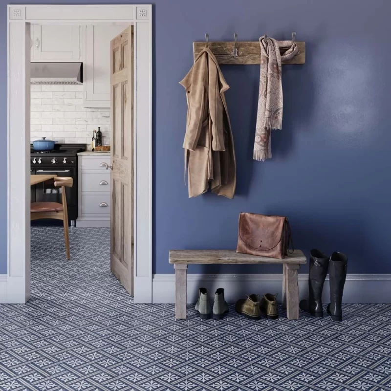 mondrian blue 335x335 pattern tile on a hallway floor