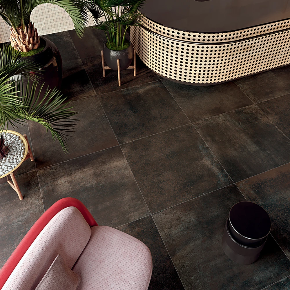 oxid copper 600x600mm porcelain tiles on the floor.
