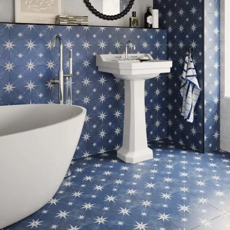 vincent blue 335x335 pattern tile on a kitchen splashback and floor