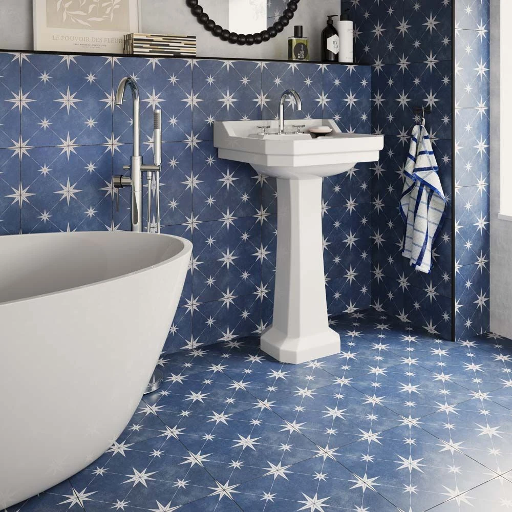 vincent blue 335x335 pattern tile on a kitchen splashback and floor