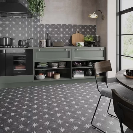 vincent charcoal 335x335 pattern tile on a kitchen splashback and floor