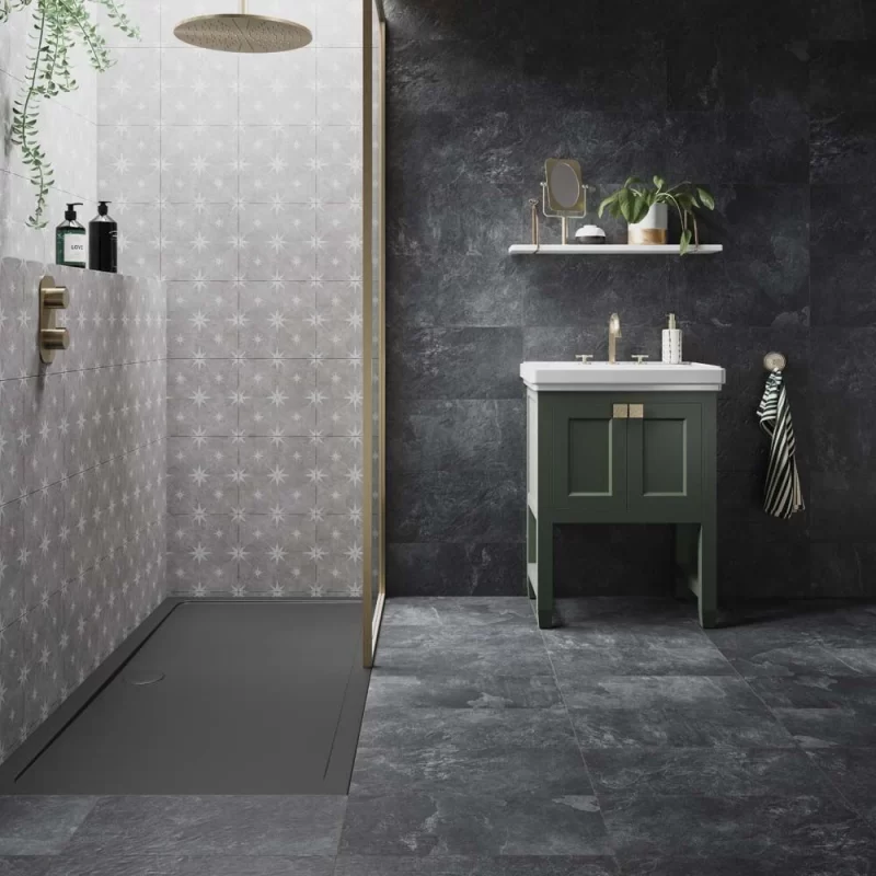 vincent grey 335x335 pattern tile on a bathroom feature wall.