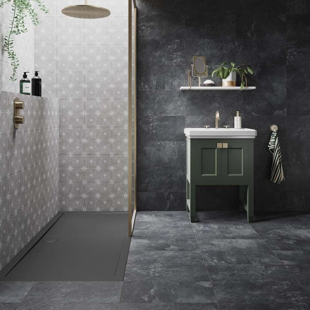 vincent grey 335x335 pattern tile on a bathroom feature wall.