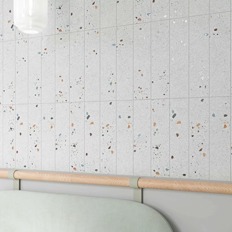 terrazzo grey 75x300mm wall tile on wall in soldier style