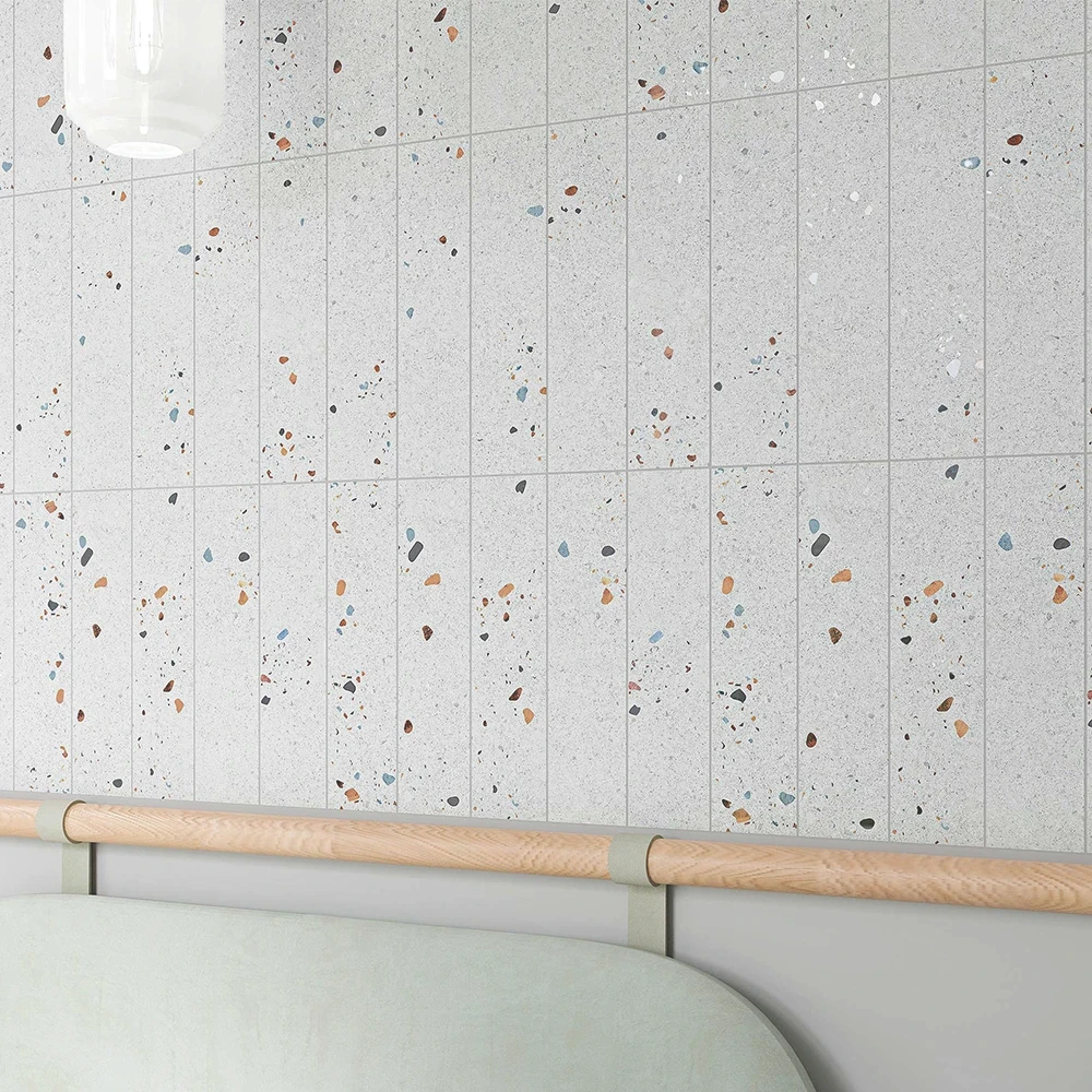 terrazzo grey 75x300mm wall tile on wall in soldier style