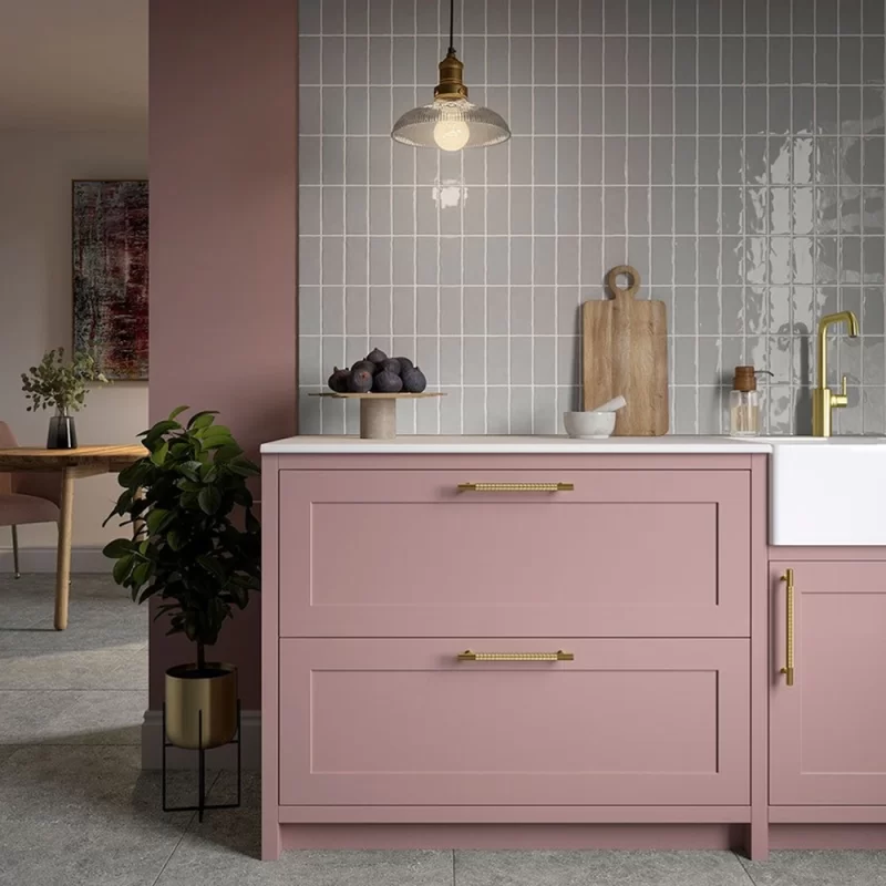 clay cotton 65x130mm ceramic wall tiles in grey on a kitchen splashback in soldier style.