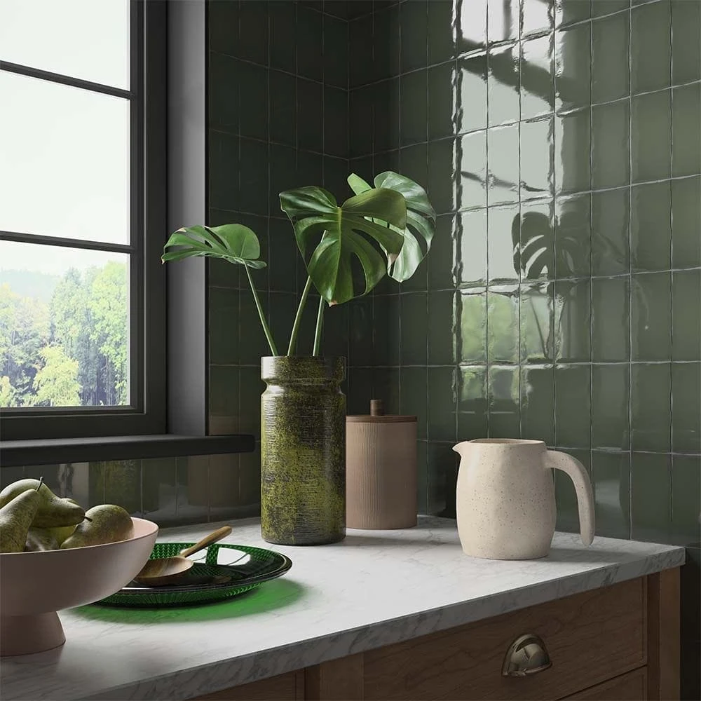 clay olive dark green 65x130mm ceramic wall tile on a kitchen splashback in soldier style.