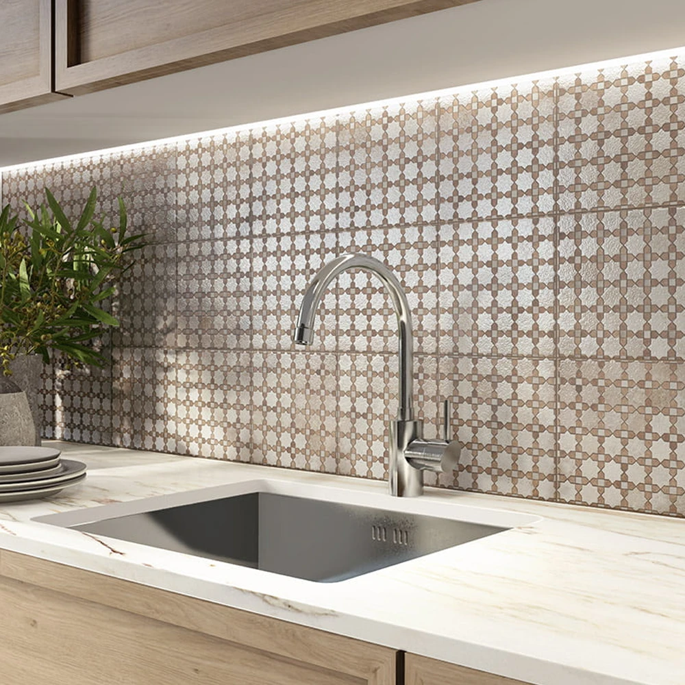 mosaic arabian bejmat 200x200mm pattern wall and floor tile on a floor and kitchen splashback.