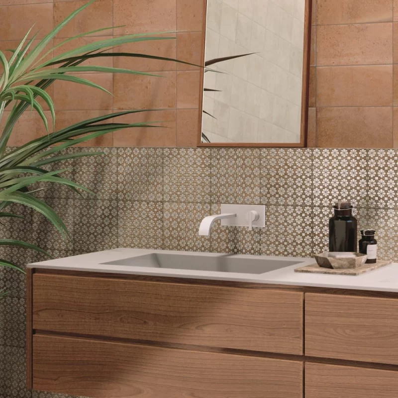 mosaic arabian bejmat 200x200mm pattern wall and floor tile on a floor on a bathroom wall