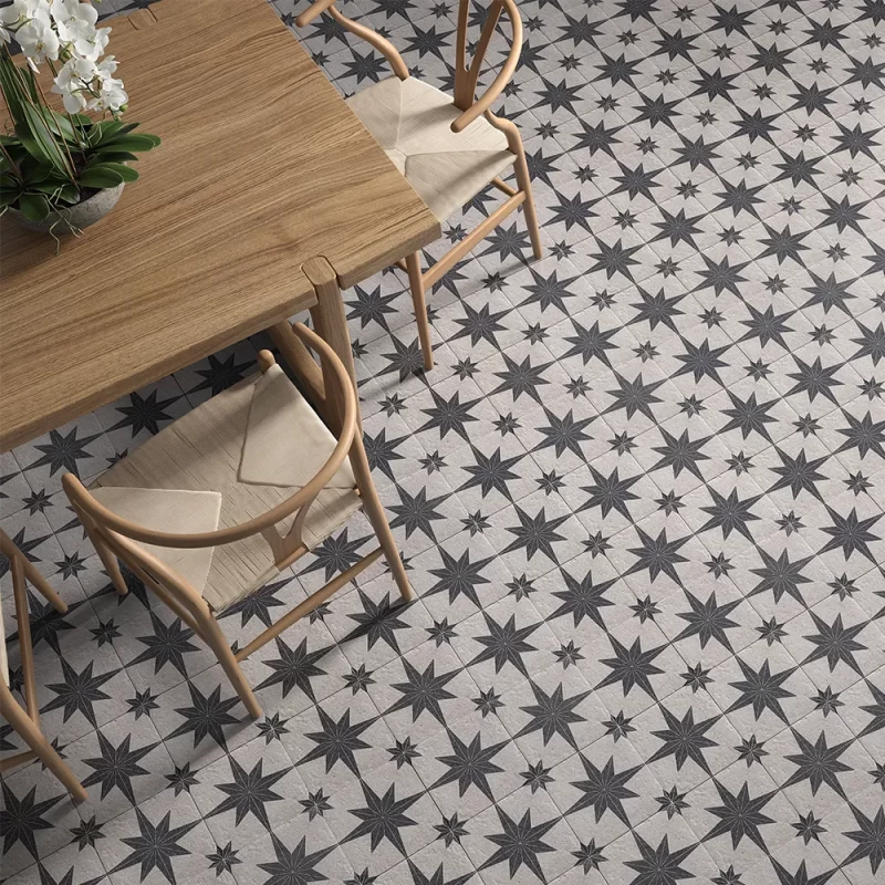 rustic star white pattern tile 200x200mm on a bathroom floor.