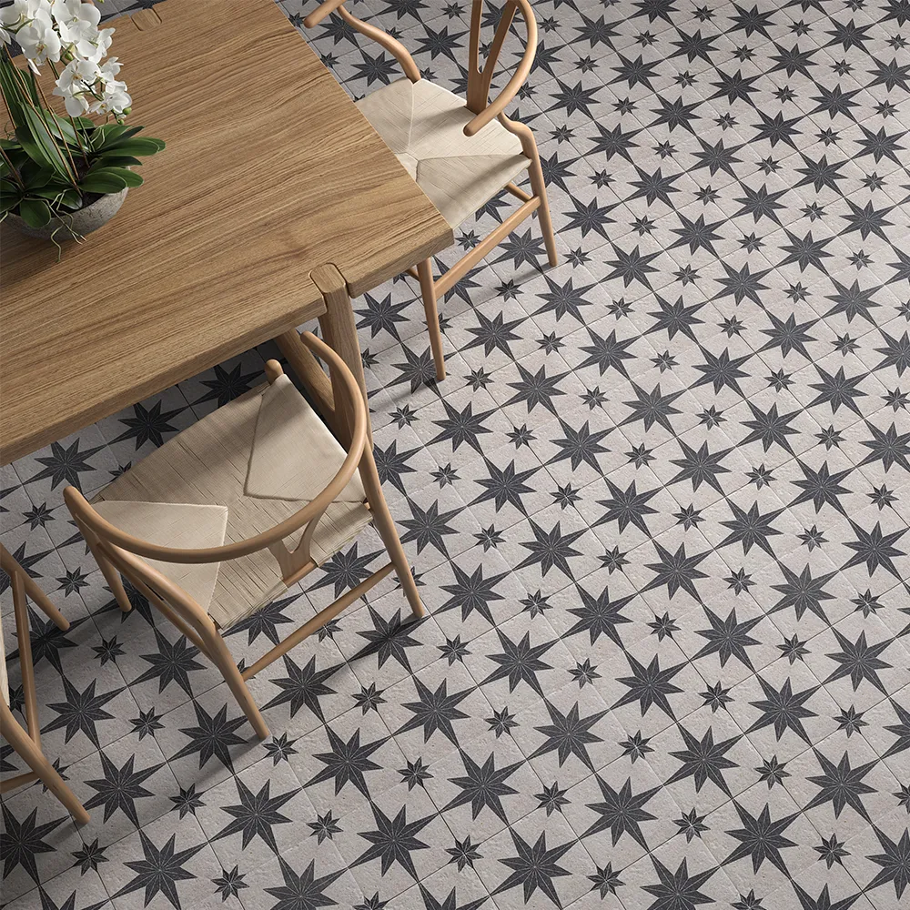 rustic star white pattern tile 200x200mm on a bathroom floor.